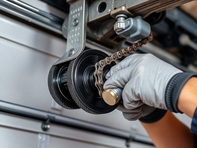 Technician lubricating garage door chain drive mechanism
