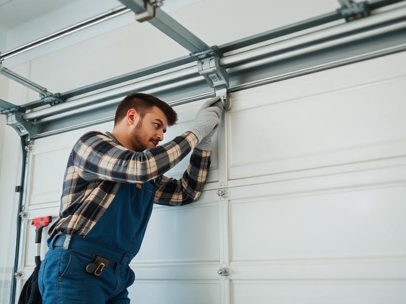 Technician performing garage door repair on spring mechanism