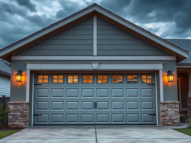 Storm-rated garage door on home with dramatic cloudy sky