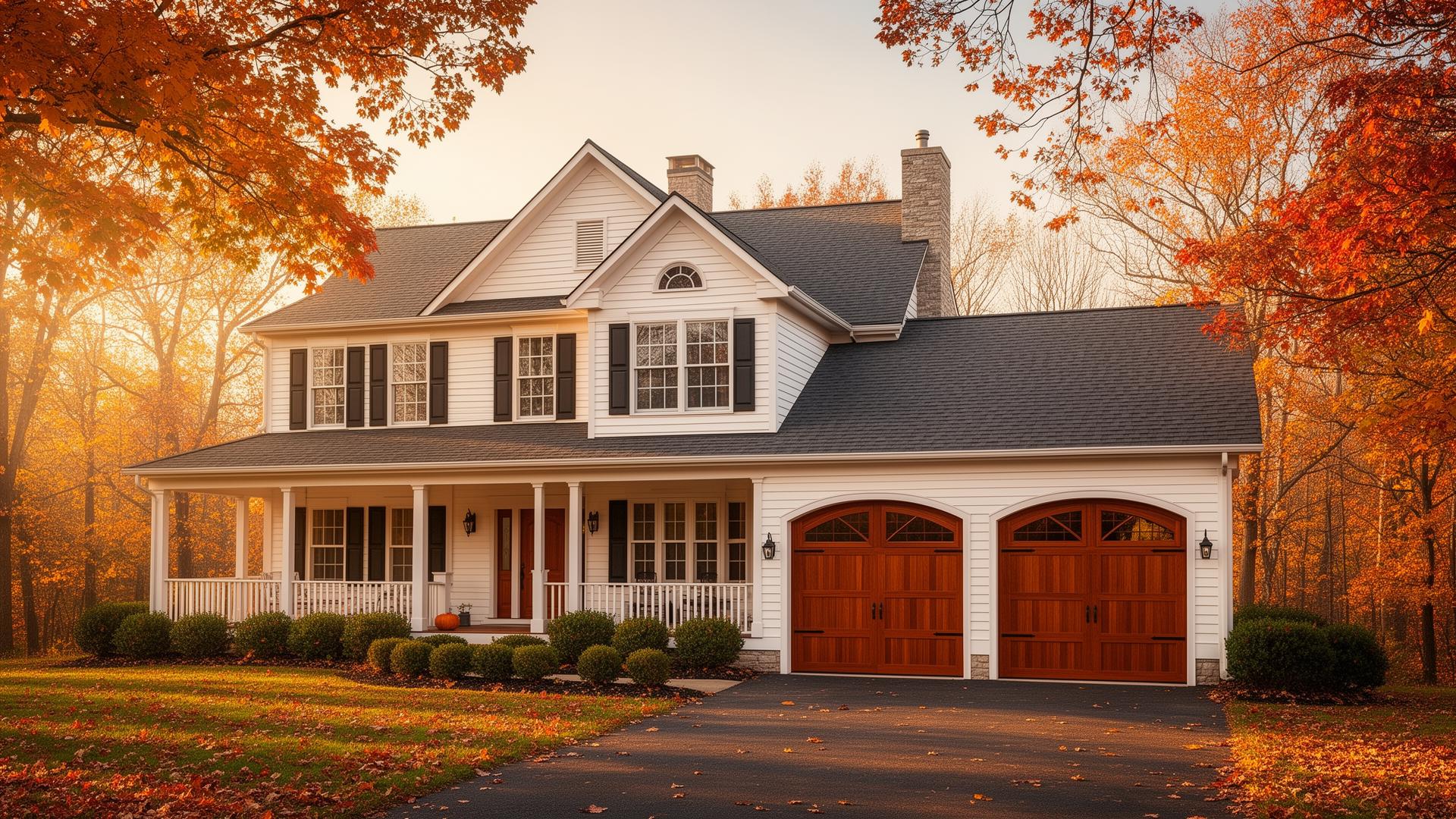 Beautiful mahogany wood garage doors with arched windows on elegant farmhouse in Trumbull, CT